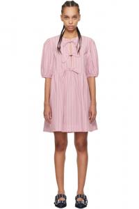 Мини-платье из хлопка в розовую полоску с бантом GANNI
