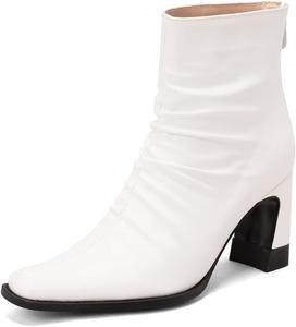Женские ботильоны с заостренным носком, ремешком с пряжкой, на молнии, массивным средним каблуком, с заклепками, нарядные короткие ботинки JOEUSTY, White-Velvet Lined