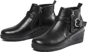Женские кожаные ботильоны на танкетке с боковой молнией, модный круглый носок, ремешок с пряжкой, платформа, подходят для повседневной ходьбы и работы GHIBHNA, Black