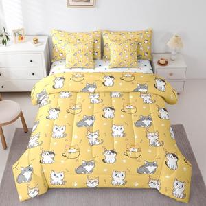 Erosebridal Комплект постельного белья Funny Animal с милым принтом котиков и лапок из мягкого материала, Yellow