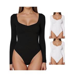 3 упаковки женского боди с длинным рукавом slim fit v-образным вырезом для контроля живота Inspire Chic, White Black
