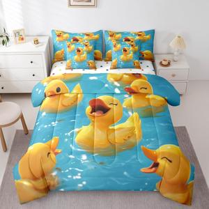 Erosebridal Комплект постельного белья Cartoon Duck с желтыми резиновыми уточками, комфортером и наволочками, всесезонный декор, Yellow Blue