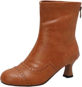 Женские винтажные ботинки, модные ботильоны с среднем каблуке, ботинки до середины голени, костюмная обувь, ретро-каблук, боковая молния, овальный носок Generic, Yellow