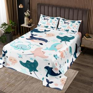 Erosebridal Детский комплект постельного белья с морскими животными киты дельфины осьминоги белый, Multi 32