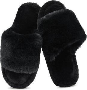 Женские мягкие плюшевые тапочки Rosoz с эффектом памяти, противоскользящей тонкой подошвой, для дома и спальни, для улицы и дома, с открытым носком, черный