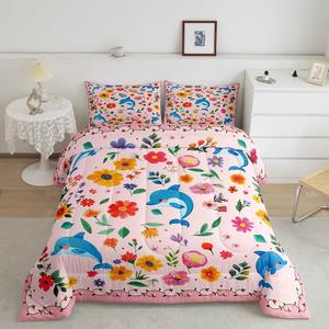 Erosebridal Комплект постельного белья Dolphin Comforter Set Boho Floral из хлопка с ботаническим принтом в стиле коттеджкор, Pink Red Yellow Green Blue Purple