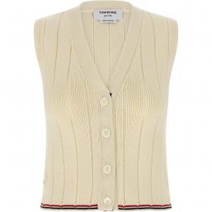 Водолазка с V-образным вырезом и ребристой полосатой отделкой THOM BROWNE, бежевый