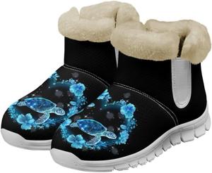 Женские ботинки chaqlin Turtle Winter Snow, теплые фланелевые ботинки до щиколотки, противоскользящие пушистые уютные ботинки, широкие, удобные, легкие, для улицы и повседневной носки, рабочие, легко надеваются, Bling Blue Turtle Floral