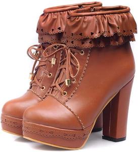 Женские туфли Elyffany в стиле Лолита для вечеринок с платформой, массивным каблуком, из искусственной кожи, с шнуровкой и бантом, ботильоны, Brown