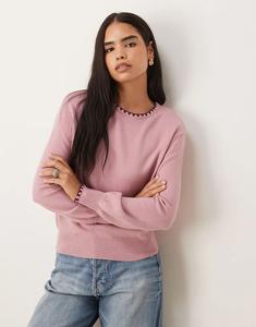 Потертый джемпер с круглым вырезом и контрастной отделкой в ​​розовом цвете