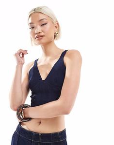 Вязаный корсетный топ Bershka темно-синего цвета