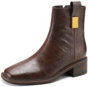 Женские ботильоны TinaCus ручной работы из натуральной кожи с боковой молнией, классическим квадратным носком, невысоким каблуком и ретро-кубом, Brown