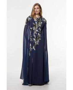 Женское длинное платье-накидка с цветочным 3D-принтом и рукавами-кейпами Karen Millen, Navy