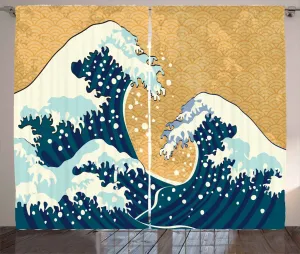 Штора ABAKUHAUS "Японская волна" в деревенском стиле, "Пенящий морской шторм", универсальная ленточная штора для гостиной с петлями и крючками, 280 x 245 см, земляно-желтый, темно-синий Abakuhaus