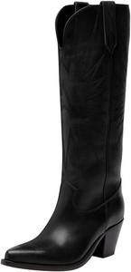 Женские сапоги Maiyang с заостренным носком, массивным низким каблуком, вышивкой, до колена, на застежке, зимние/осенние, повседневные, ретро-ковбойские стиль западных сапог, размеры 4-16 US, Black