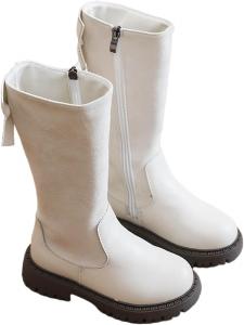 Детские сапоги до колена с боковой молнией, военные сапоги с бантиком, утепленные сапожки из искусственной кожи для снега, повседневные с низким каблуком, подошва для езды Generic, White