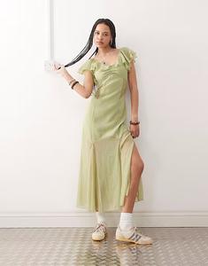 Восстановленное винтажное чайное платье миди с кружевными вставками и рукавами-крылышками пастельно-зеленого цвета Reclaimed Vintage