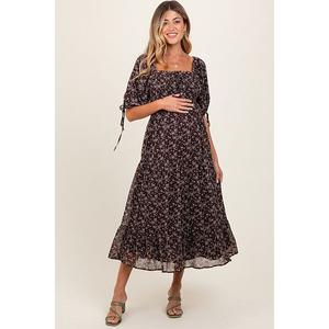 Платье миди для беременных, коричневое, с цветочным принтом, присборенными рукавами и завязками. Pinkblush