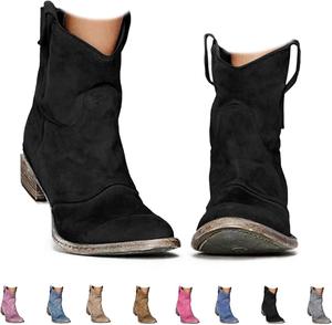 Женские ковбойские сапоги Западного стиля, мягкая кожа, низкий широкий каблук, ботильоны с круглым носком, модные ретро-сапожки средней высоты на осень и зиму Generic, Black