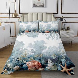Erosebridal Комплект постельного белья 3D Coral Shells с водяным рисунком в морском стиле, Blue,white,orange
