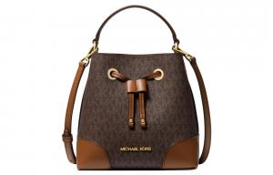 MICHAEL KORS Сумка-ведро из прорезиненного хлопка через плечо маленькая женская тёмно-коричневая и светло-коричневая