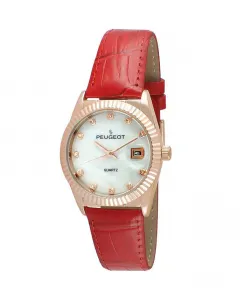 Женские часы 36 мм с красным рифленым безелем и кожаным ремешком - циферблат из перламутра Peugeot