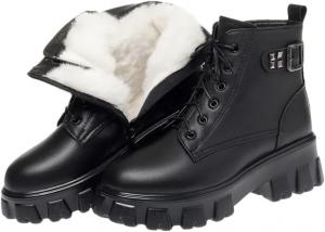 Женские ботинки Niiyyjj из натуральной кожи с натуральной шерстью, зимние сапоги, ботинки на молнии, с толстой подошвой, ботинки до щиколотки, Black Wool