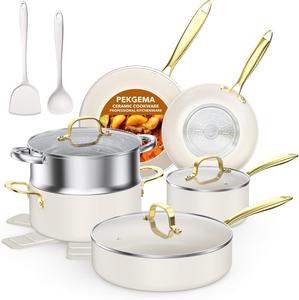 Набор кастрюль и сковородок PekGema с антипригарным покрытием, 15 шт, золотисто-белый