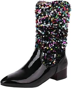 HOTRA Женские ботильоны с пайетками до середины голени на массивном каблуке, с заостренным носком, для вечеринок, зимние свадебные туфли на низком каблуке (Цвет: черный, Размер: 9.5-10 US)