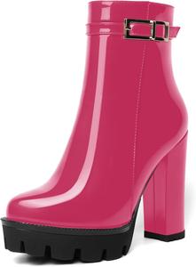 Женские ботильоны AMBELIGHT на платформе с круглым носком, однотонные, для вечеринки, с молнией, сексуальные, лакированные, массивный высокий каблук 12 см, Magenta