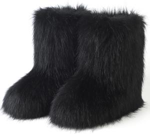 Женские сапоги с искусственным мехом, замшевые зимние пушистые туфли с округлым носком, теплые снежные удобные плюшевые короткие, на плоской подошве, до середины голени и высокие меховые пушистые сапоги HIPRETTYUS, Black