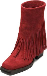 Женские ботинки XYD с бахромой на среднем каблуке, средней длины, с квадратным закрытым носком, слипоны с кисточками, вестерн-стиль, ковбойские, для фестивалей и вечеринок, Red