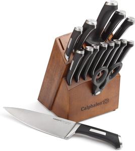 Calphalon Precision Series набор столовых приборов 16 предметов с деревянной подставкой для ножей, серебряный/черный