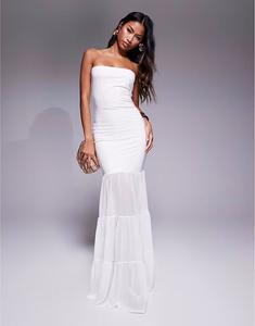 Эксклюзивное двухслойное платье-макси с сетчатым подолом кремового цвета от Kaiia