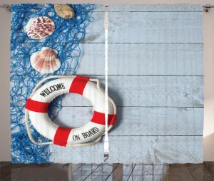 Штора ABAKUHAUS Океан Рустик, Рыболовная сеть, дерево, ракушки, универсальная ленточная штора для гостиной с петлями и крючками, 280 x 175 см, цвет: песочно-синий, красный Abakuhaus