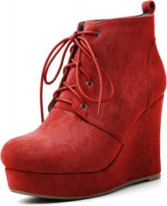 Женские ботильоны AUMOTED с круглым носком, на шнуровке, на платформе и каблуке-клине, 10 см, теплые ботинки для вечеринок и вечеров, Red