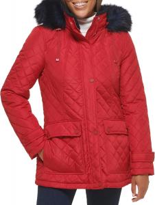 Женская стеганая куртка Tommy Hilfiger с меховым капюшоном и кнопками, Crimson