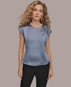 Женская атласная блузка с короткими рукавами и цветочным принтом Donna Karan New York, Tempest