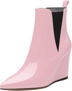 Женские ботильоны, с острым носком на высокой танкетке, короткие сапожки с боковой молнией и эластичной вставкой, высота каблука 3,3 дюйма MISEZOXI, Pink Patent