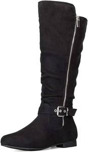 Женские модные сапоги FYS с круглым носком до колена, комфортный низкий массивный каблук, сапоги для верховой езды с пряжкой, боковой молнией, зимние нарядные сапоги, размеры 4-16 US, Black