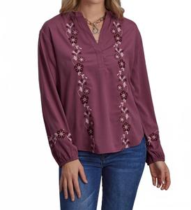 Длинный рукав, вышитая винная блуза в оттенке розовато-лилового Roper