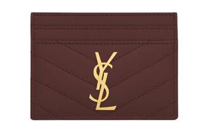 Монохромный стеганый кожаный держатель для карт Saint Laurent женский тёмно-красный