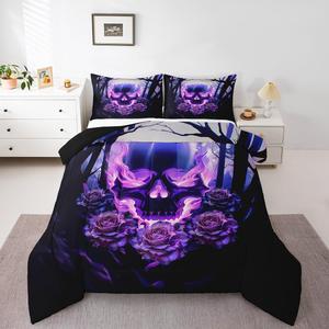 Erosebridal Готический комплект постельного белья Black and Purple Skull с розовым черепом и скелетами, цветочный принт, для детей и взрослых, праздничный декор, Purple Black
