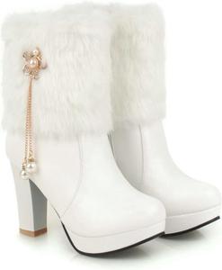 EGGDK Женские модные меховые ботильоны на платформе с высоким каблуком, комфортной круглой ноской, боковой молнией, утепленные мехом, теплые зимние ботинки с элегантными подвесками-перламутровыми бусинами, платьевые ботинки