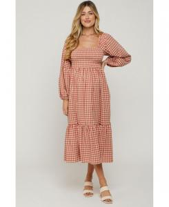 Платье-миди для беременных в ржаво-коричневую клетку с длинными рукавами Pinkblush, Red