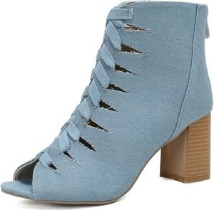 Женские ботильоны DINTAHA с открытым носком, синие джинсовые ботинки на каблуке с молнией сзади, летние ботинки