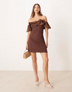 Коричневое мини-платье с пышными рукавами и вырезом-бардо Asos Design