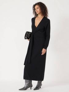 Платье-джемпер из чистой шерсти с V-образным вырезом и завязкой на талии HUSH, Black
