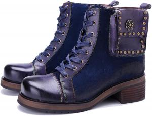 Женские ручные ретро-сапоги на высоком каблуке из овчины, красочная роспись, металлический стиль - модные, удобные, прочные, уникальный стиль меньшинств Riutiru, Dark-Blue-2