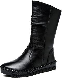 Женские сапоги WENOREG с ручной строчкой, плиссированные, на плоской подошве до середины икры, модные кожаные с боковой молнией, удобные для прогулок на улице, противоскользящие, рабочие, зимние, с теплой плюшевой подкладкой и платформой, Black